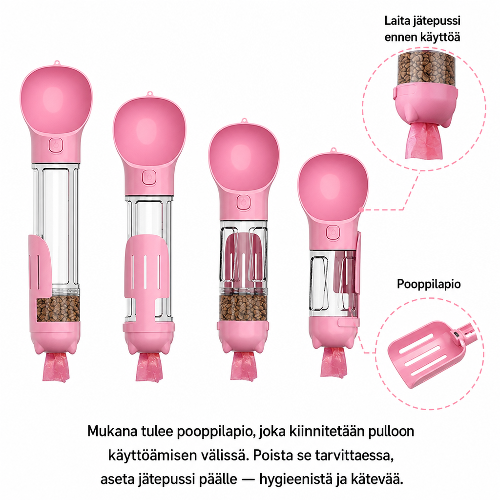 Kannettava lemmikin juomapullo – 3-in-1 vesi-, ruoka- ja kakkapussiautomaatti