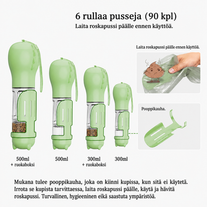 Kannettava lemmikin juomapullo – 3-in-1 vesi-, ruoka- ja kakkapussiautomaatti