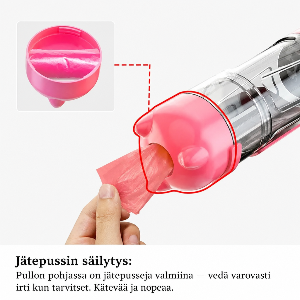 Kannettava lemmikin juomapullo – 3-in-1 vesi-, ruoka- ja kakkapussiautomaatti